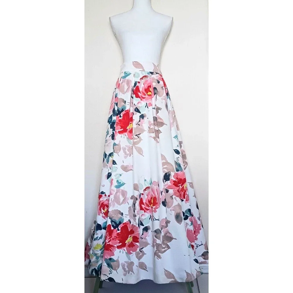 Eliza J Floral Print Pleated Maxi Skirt Ballroom Lined Pockets Sz 6